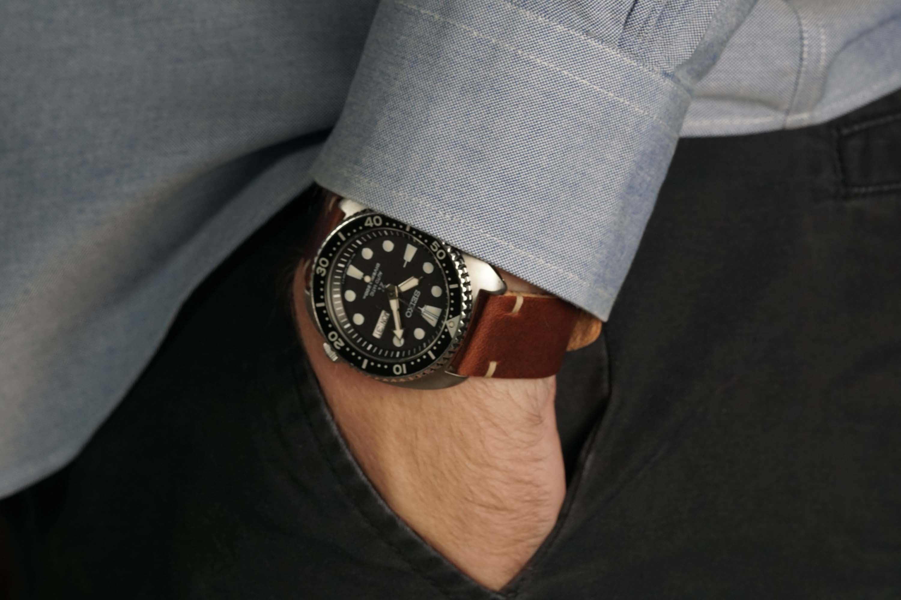 Horween English Tan Dublin Leather Watch Strap, Natural Thread