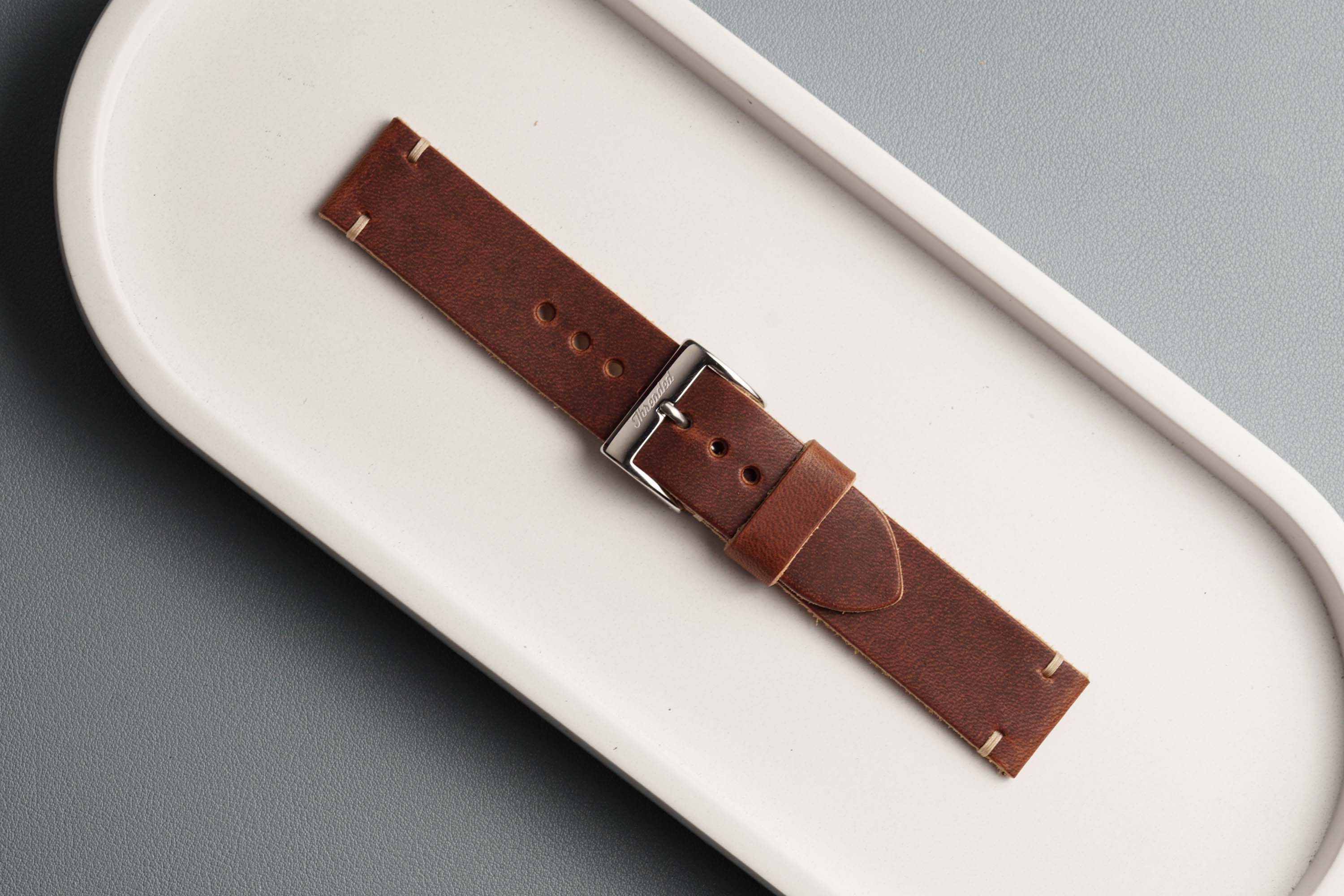 Horween English Tan Dublin Leather Watch Strap, Natural Thread