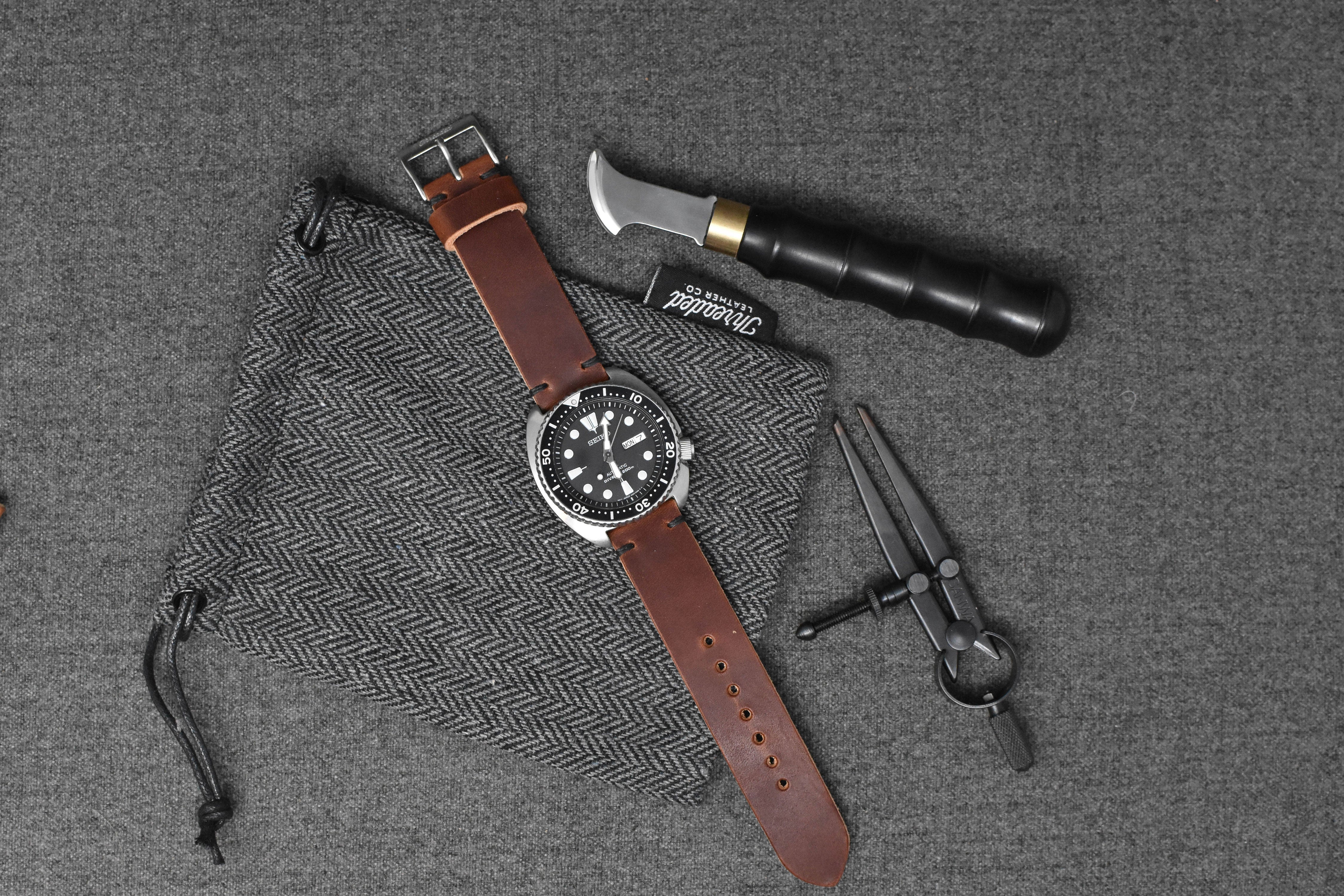 Horween English Tan Dublin Leather Watch Strap, Black Thread