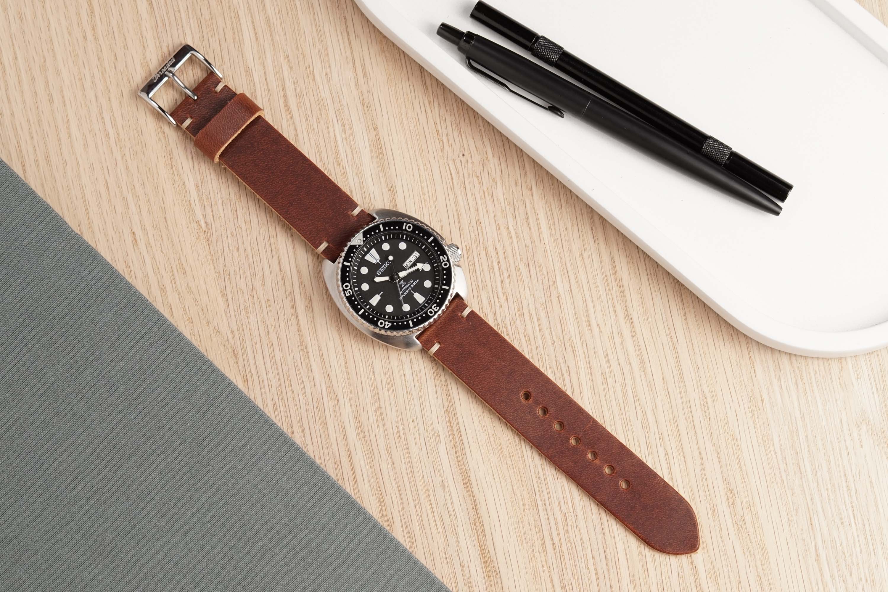 Horween English Tan Dublin Leather Watch Strap, Natural Thread